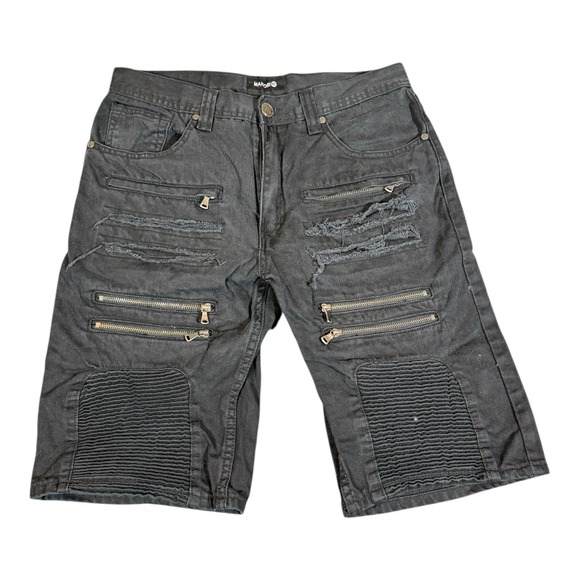 Pants - Makobi Men Black Denim Dark Wash Distessed Short Size 32 Zipper‎ Skater Y2K Punk